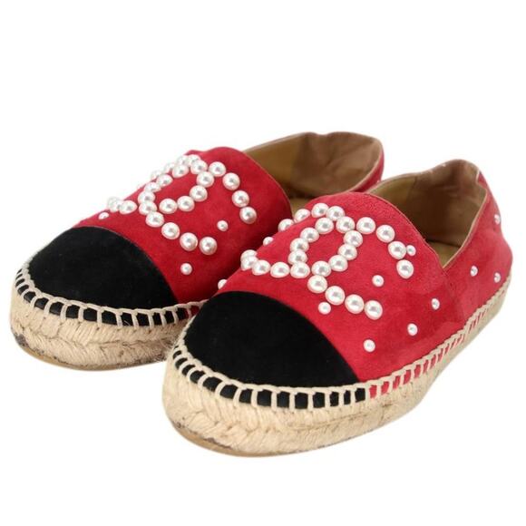 Chanel Espadrille 37 Suede and Faux Pearl Cc Cap-toe Flats CC-S0207P-C042 - Picture 1 of 9